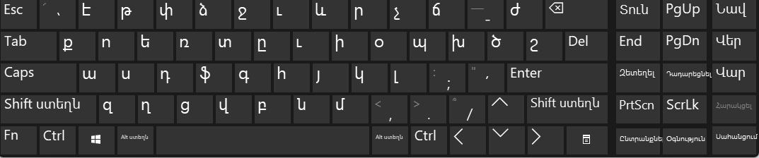 Windowsのオンスクリーンキーボードに表示されたアルメニア語Phonetic配列（通常時・小文字）