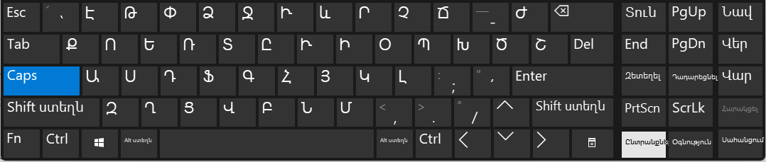 Windowsのオンスクリーンキーボードに表示されたアルメニア語Phonetic配列（Caps Lock使用時・大文字）